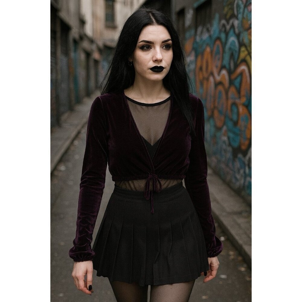 Fairy Goth Velvet Top Women Sz L Plum Crop Tie Front Renaissance Whimsigoth Y2K